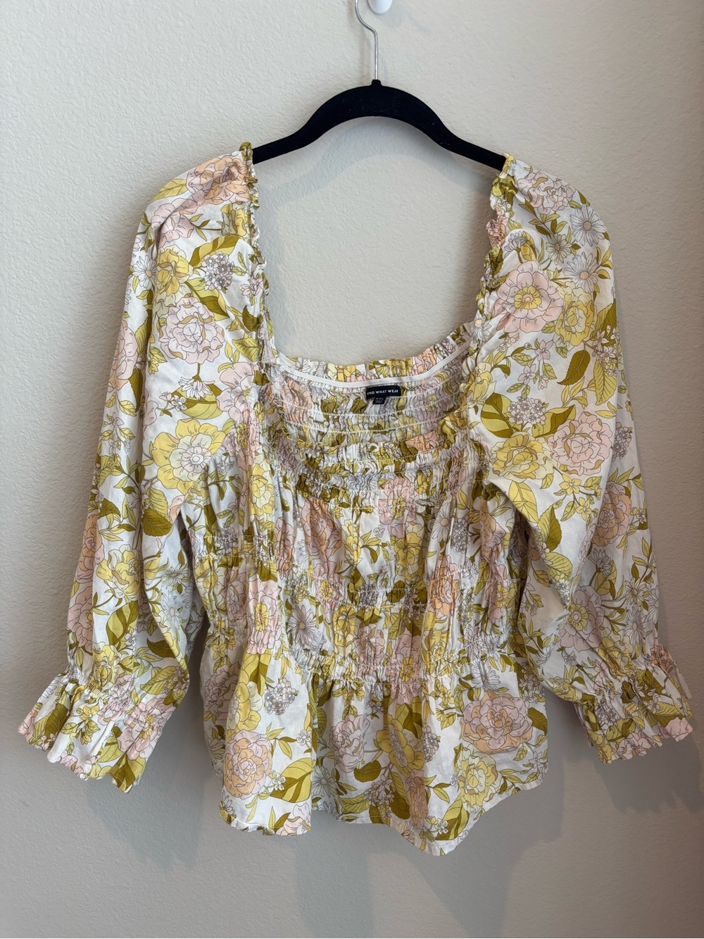 Who What Wear Floral Smocked Peasant Top - Pink & Yellow